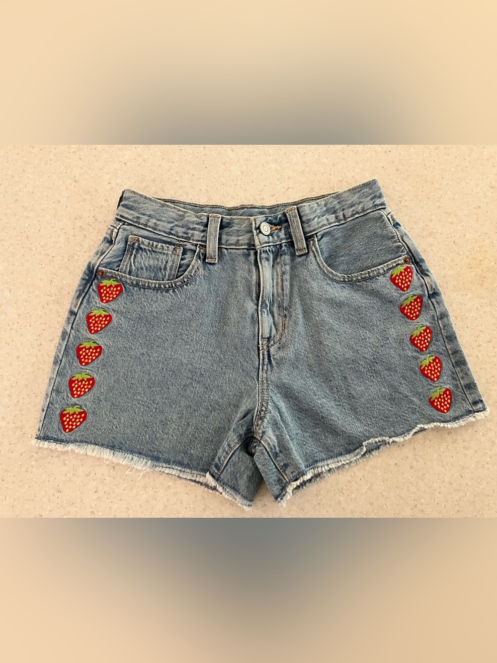 NWOT Old Navy Kids 16 Light Blue High Waist Denim Shorts Strawberry Embroidery